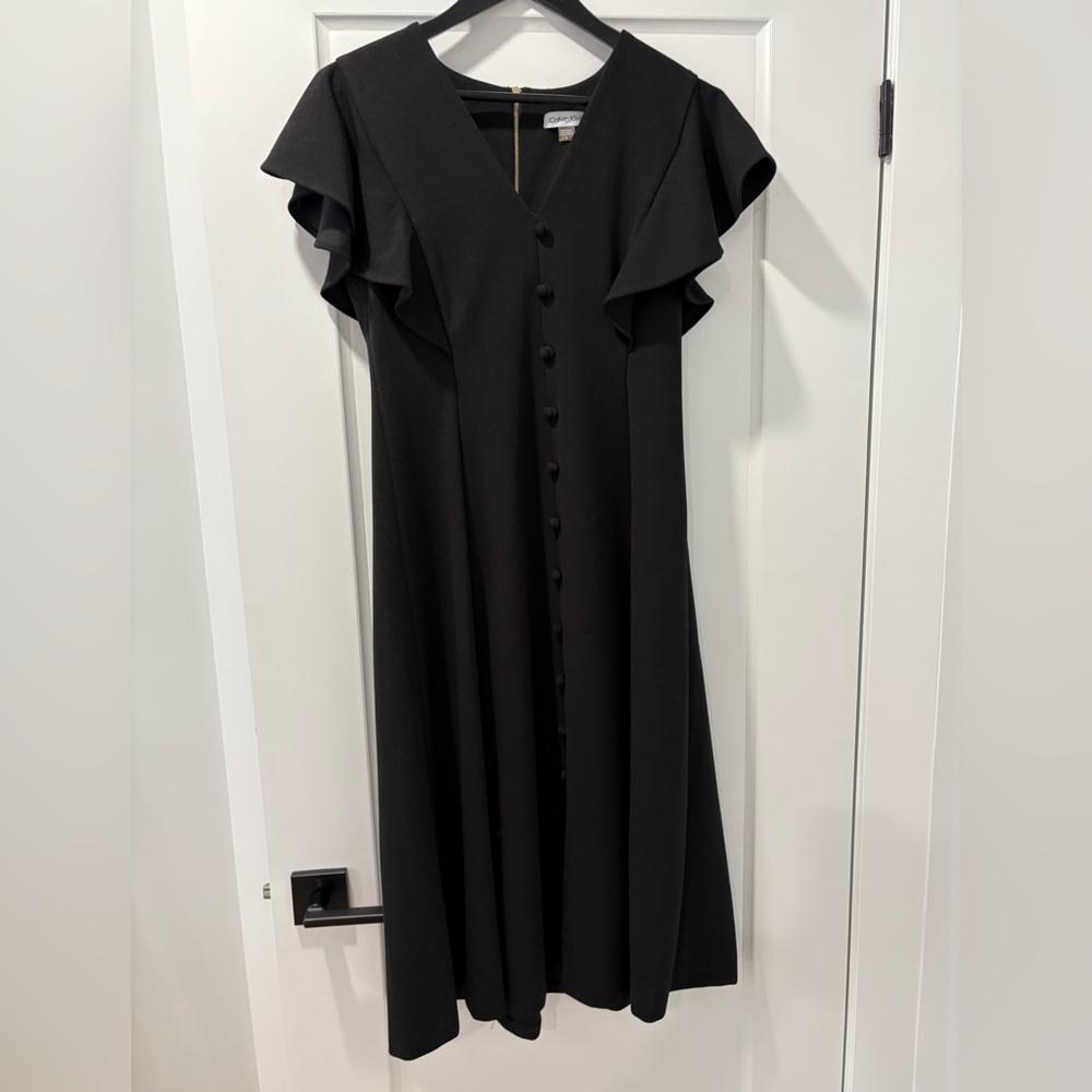 Calvin Klein Black V-Neck Button-Front Maxi Dress with Flutter Sleeves